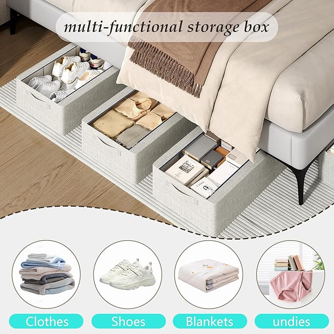 3PCS Under Bed Storage Bins with Metal Frame, Linen Fabric Frame Storage Box Clothes Organizer Bins, Underbed Container with Clear Window (Beige, 23.6 x 13 x 6IN)