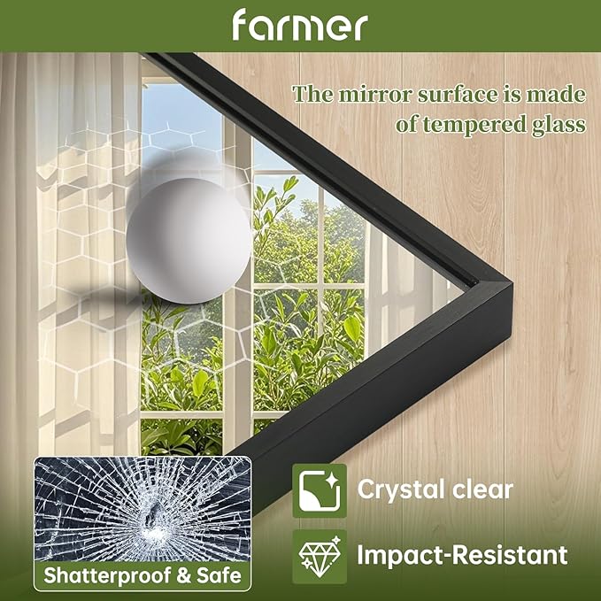 FARMER 24x36 Inch Black Bathroom Mirror, Rectangle Wall Mounted Mirror, Vanity Mirror, Brushed Square Mirror, Framed Bathroom Mirror for Bedrooms, Entryways, Living Rooms, Horizontal/Vertical