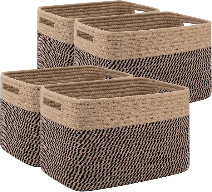 4 Pack Storage Baskets for Organizing, Woven Baskets for Shelves - Perfect for Toys, Books, Towels, and Clothes, Durable Gift Basket Bins Toy Storage, 13''L x9''W x7.8''H, Black and Brown