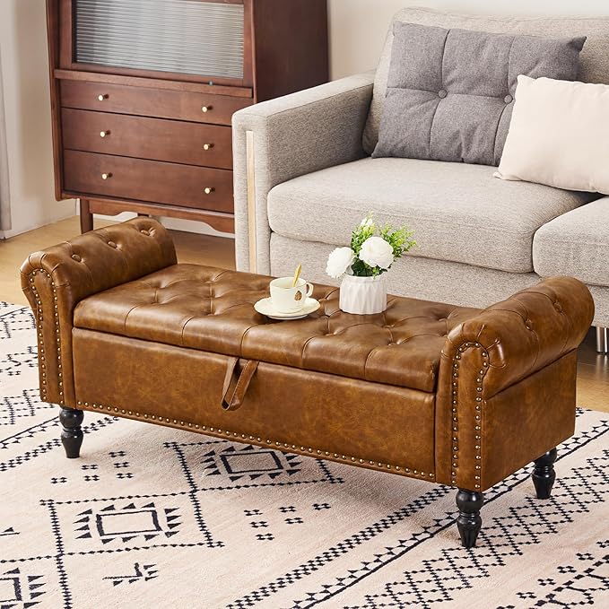 Furniliving Storage Ottoman Bench, Leather Benches End of Bed Bench with Solid Wood Legs Upholstered Ottoman Bench with Storage Indoor Bench for Living Room with Rolled Arm, Entryway, YellowBrown