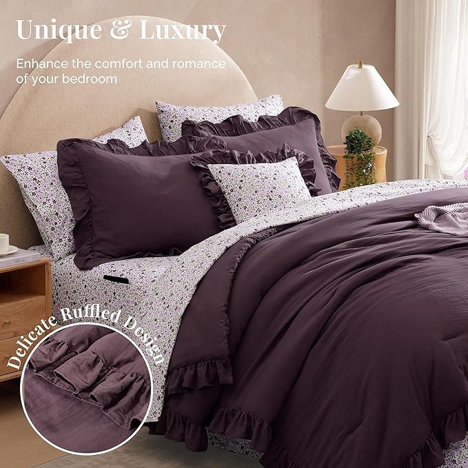 Full Comforter Set - 7 Pieces Ruffle Purple Bedding Sets, Shabby Chic Farmhouse Bed in a Bag Full with Ruffle Comforter, Floral Sheets, Pillowcases & Shams