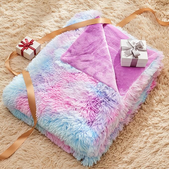 GONAAP Fuzzy Faux Fur Throw Blanket Twin Size Purple Rainbow Super Soft Cozy Plush Fuzzy Shaggy Blanket for Couch Sofa Bed (Purple Rainbow, Twin(60"x80"))