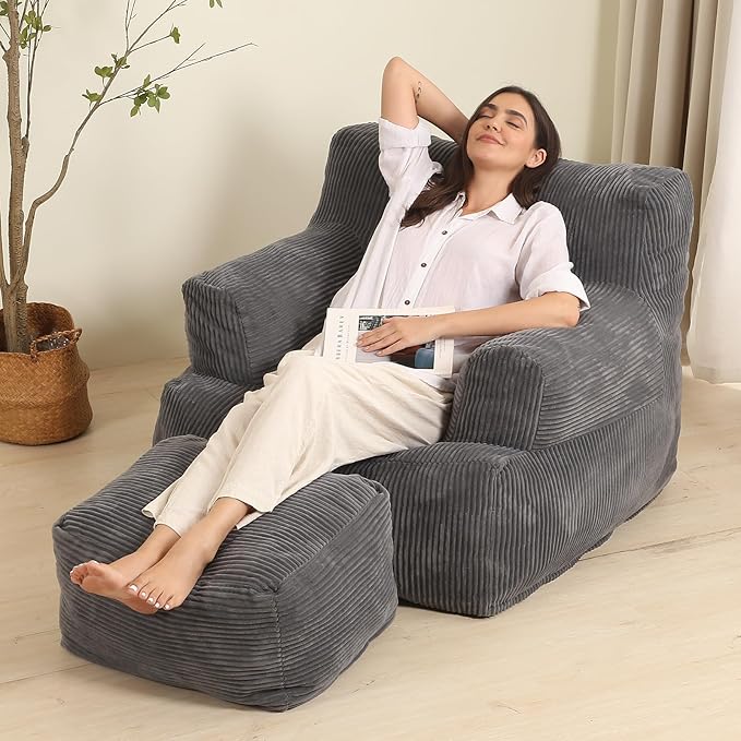 Comfy Gaint Bean Bag Chair with Ottoman, Huge Bean Bag Armchair for Adults and Teens, Dark Grey