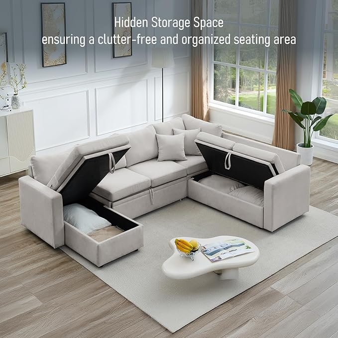 7 - Seater Sofa Bed, Large U - Shaped Modular Sectional Sofa, Oversized Pull - Out Sleeper with Storage for Living Room, Light Grey