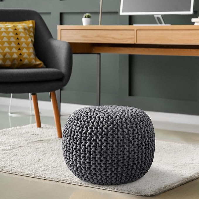 Casafield Round Pouf Ottoman, Dark Gray - 20" Diameter x 14.5" High Cotton Knit Foot Stool - Boho Floor Pouffe for Living Room, Bedroom, Home Office