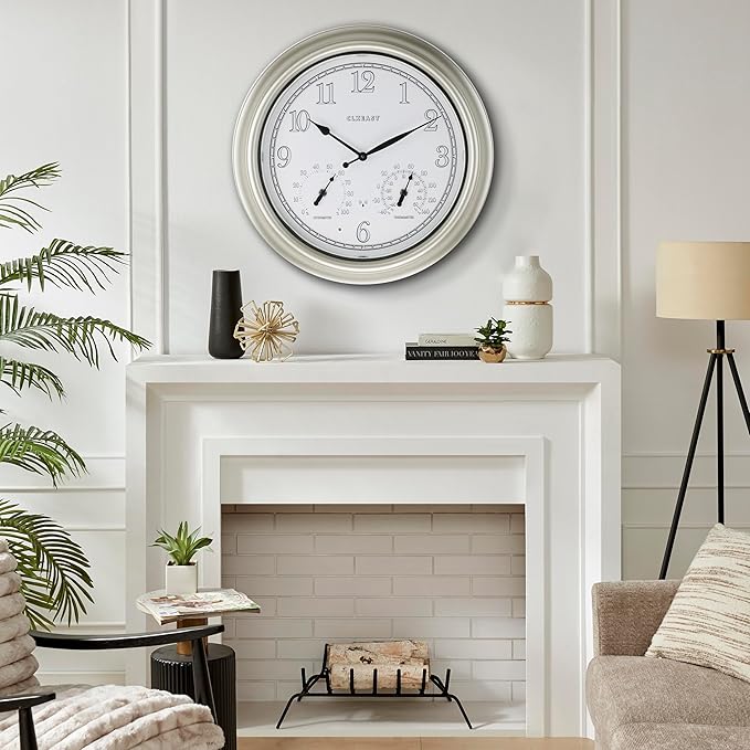 CLXEAST 18 Inch Illuminated Outdoor Indoor Atomic Analog Wall Clock with Temperature & Humidity Combo, Lighted Outdoor Clocks for Patio Large Waterproof with Thermometer, Modern Morning Silver/Gold