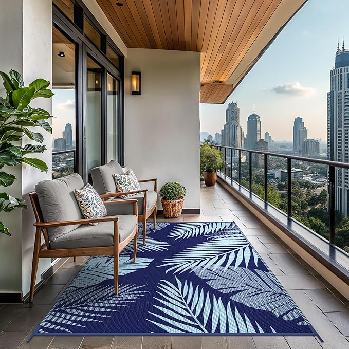 GENIMO Outdoor Rug 6' x 9' Waterproof for Patios Clearance, Reversible Outdoor Plastic Straw Camping Rug Carpet, Large Area Rugs Mats for RV, Camper, Deck, Balcony, Porch, Beach, Navy Blue&Baby Blue