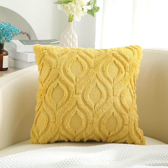 decorUhome Throw Pillow Covers 22x22 Inch Set of 2, Soft Plush Decorative Faux Fur Mustard Yellow Solid Couch Pillow Covers, Accent Farmhouse Neutral Square Euro Pillow Cases for Sofa Bed Living Room