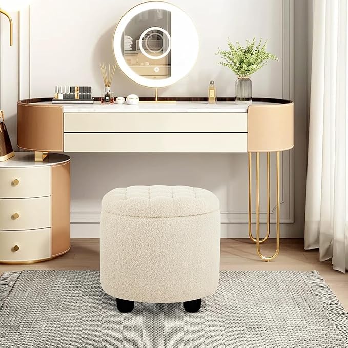 Furniliving Modern Round Storage Ottoman,Button Tufted Ottoman Foot Stools Ottoman Footstool with Removable Lid Storage Ottomans for Living Room, Bedroom, Makeup Room，Sherpa, IvoryWhite