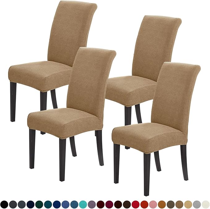 Joccun Chair Covers for Dining Room Set of 4, Dining Chair Slipcovers Stretch Dining Room Chair Covers Seat Protector,Washable Parsons Chair Cover for Home,Hotel,Banquet(Tan,4 Pack)