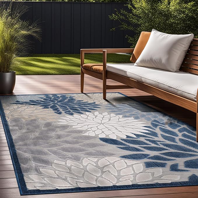 Beverly Rug Outdoor Rug 6x9 Modern Floral Tropical Area Rugs for Indoor and Outdoor Patio Easy to Clean Non Shedding Living Room Porch Garden Washable Outside Carpet (6 x 9 Blue)