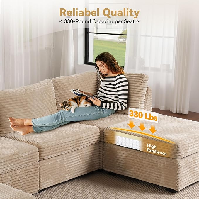 Modular Sectional Sofa with Chaise, U-Shaped 5-Seater Cloud Couch for Living Room, Plush Corduroy Fabric, Includes Movable Ottoman, Beige