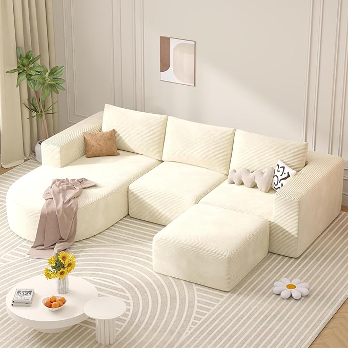 Modular Sectional Sofa with L-Shape Chaise,Cloud Sectional Modern Sleeper Couch with Deep Seat,Sponge Compression Sofas No Assembly Required (Beige-Corduroy Fabric) 1pcs