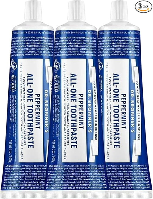Dr. Bronner’s All-One Toothpaste Pack of 3– Peppermint, 5 oz– Fluoride-Free Toothpaste for Adults, SLS-Free, 70% Organic & Natural Ingredients, Vegan, Helps Freshen Breath & Reduce Plaque