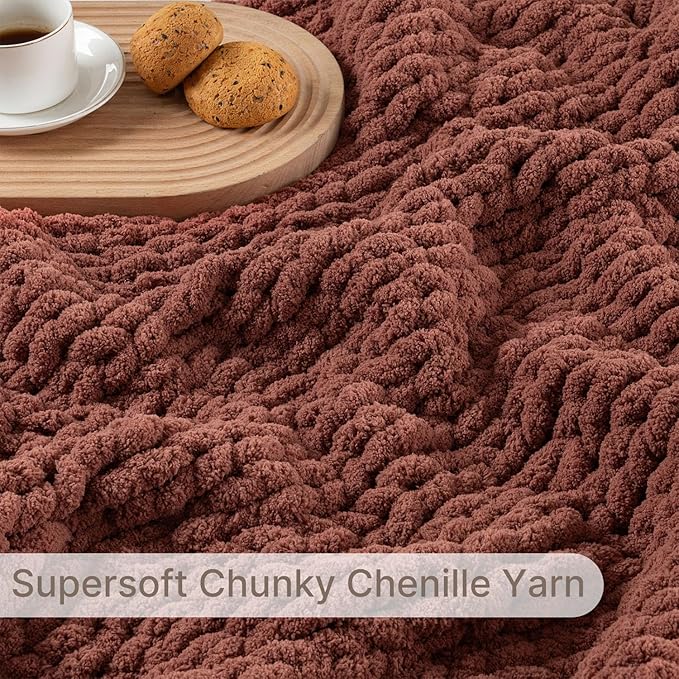 Chunky Knit Blanket Throw, 100% Hand Knit Throw Blanket Handmade Chenille Cable Knit Throw for Couch, Stylish Cozy Soft Rope Knot Crochet Blanket for Home Decor, Copper Brown, 60x80 Inches