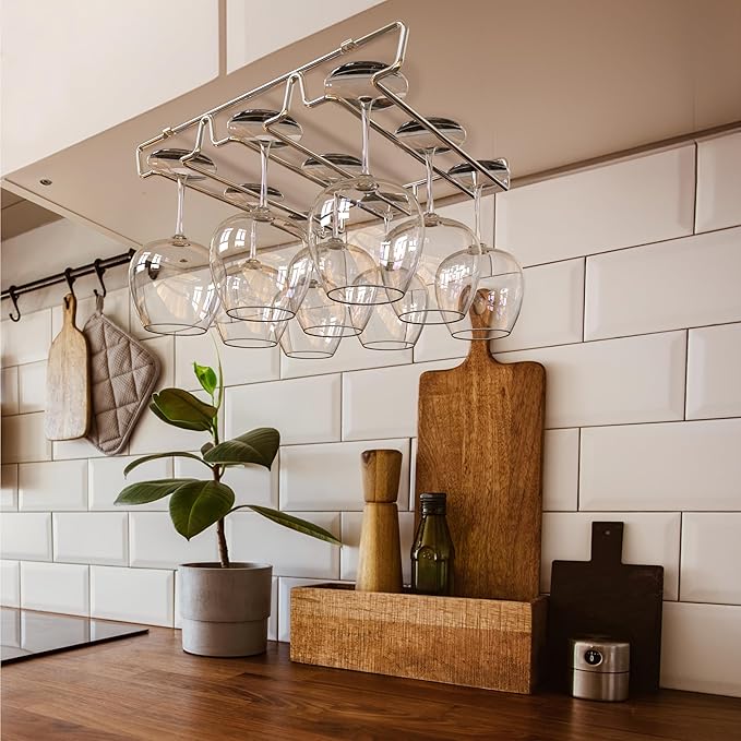 DecoBros Under Cabinet Wine Glass Stemware Rack Holder, Chrome