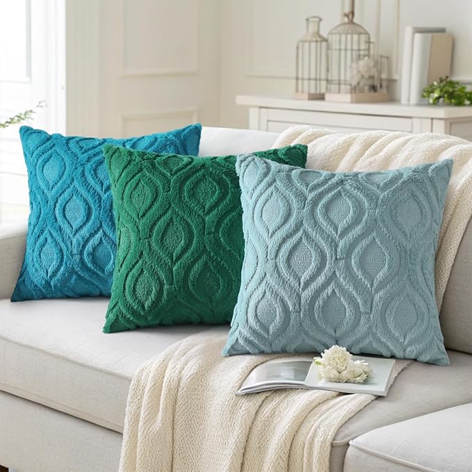 decorUhome Fall Throw Pillow Covers 12x20 Inch Set of 2, Soft Plush Decorative Faux Fur Turquoise Solid Couch Pillow Covers, Accent Farmhouse Neutral Lumbar Euro Pillow Cases for Sofa Bed Living Room