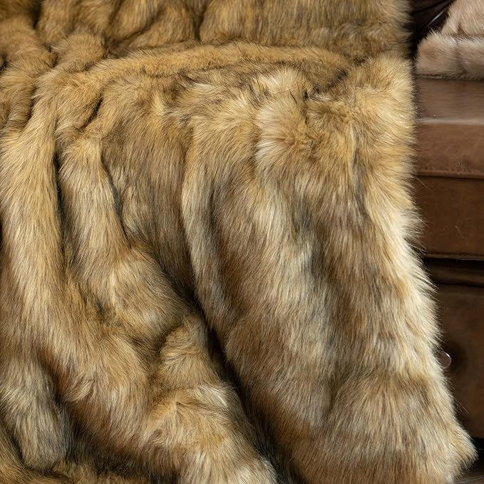 BATTILO HOME Golden Faux Fur Throw Blanket for Couch Sofa, Long Pile Fur Blankets and Throws, Elegant, Fluffy Thick Warm Heavyweight Fur Blanket Reversible to Plush Velvet, 50"x60"