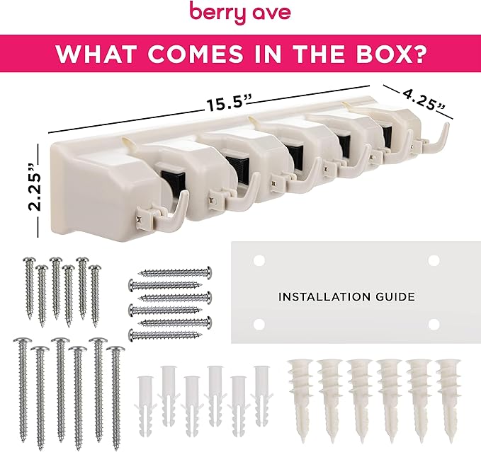 Berry Ave Broom Holder & Wall Mount Garden Tool Organizer- Kitchen, Closet, Garage & Laundry Room Storage With 5 Slots And 6 Hooks- Wall Holder For Broom, Rake & Mop Handles Up To 1.25” [Beige 2-Pack]