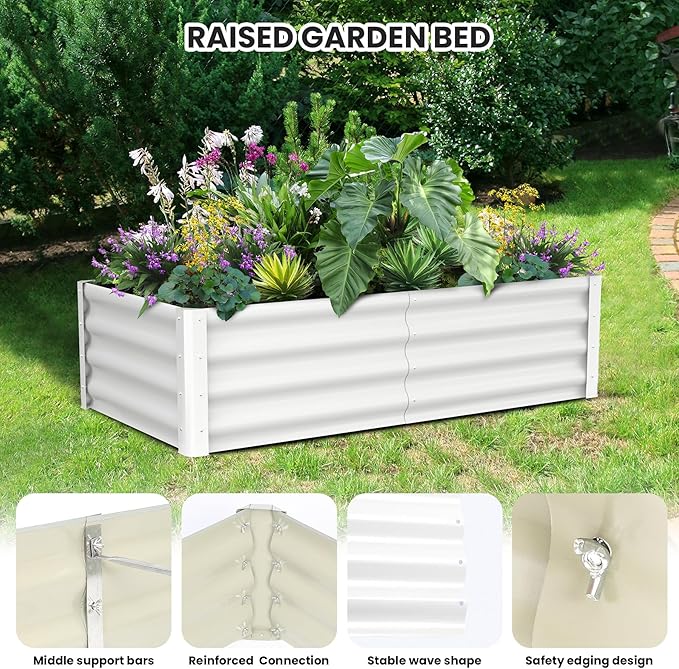 Galvanized Raised Garden Bed Outdoor, 2 Pcs 6x3x1FT Outdoor Large Planter Raised Beds Open Base with Safety Edge and Glove for Vegetables Flowers Ground Planter, White