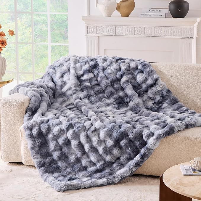BENVWE Fluffy Faux Fur Throw Blanket for Couch - Soft, Plush, Thick, Cozy, Fuzzy Luxury Minky Bubble Blanket for Home Living Room Decor, Gifts for Women, Tie-dye Light Grey, 63" x 80", 1100GSM