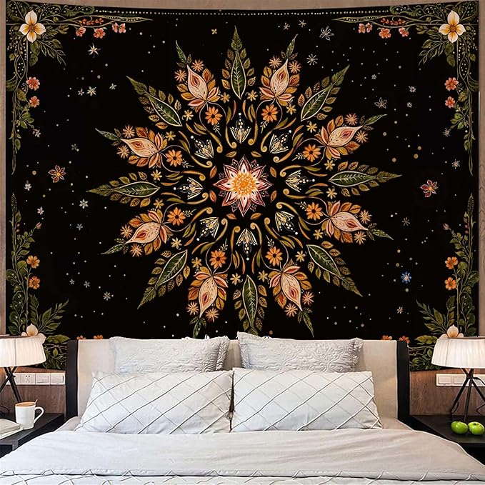 Fowocu Boho Floral Mandala Tapestry for Bedroom Aesthetic Vintage Bohemian Flower Wall Tapestry Black Green Hippie Indian Extra Large Tapestries Wall Hanging for Living Room Dorm Decor 90 x 68 Inch