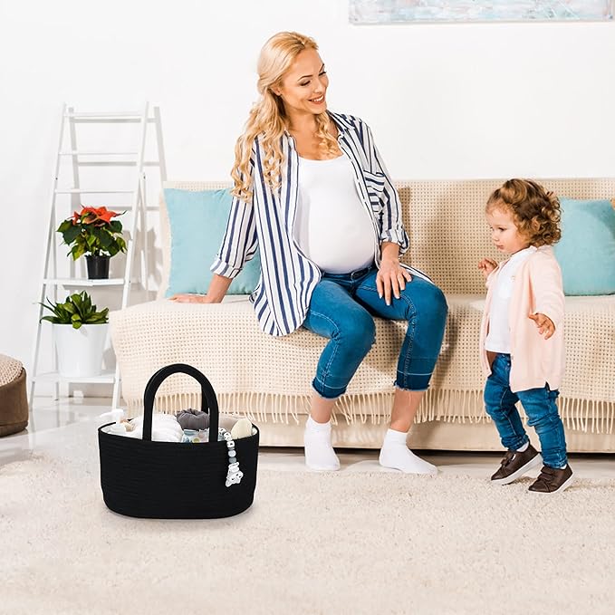 Baby Diaper Caddy Organizer for Girl Boy Cotton Rope Nursery Storage Bin Basket Portable Holder Tote Bag for Changing Table Car Travel Baby Shower Gifts Newborn Essentials Registry Must Haves Black