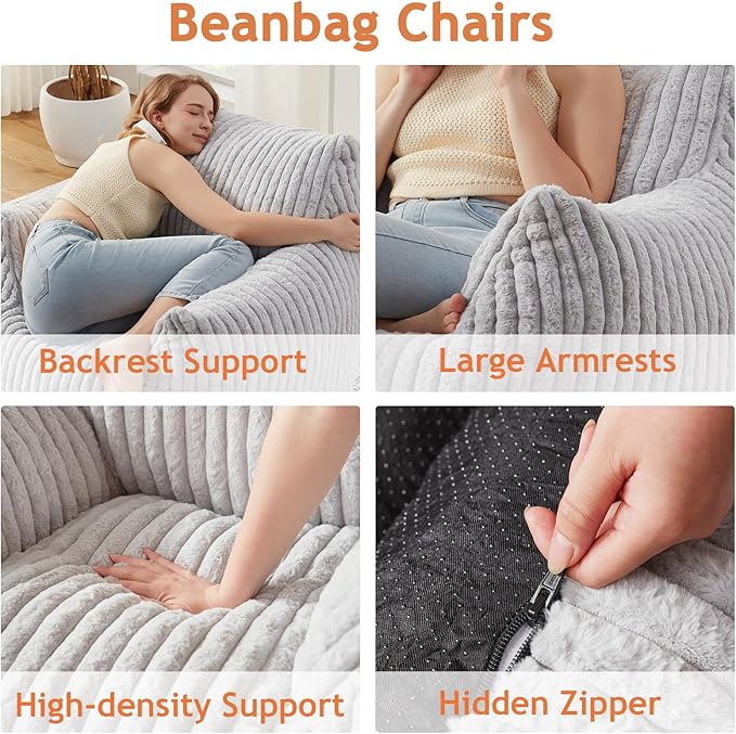 Giant Bean Bag Chairs for Adults with Filling Plush Fluffy Bean Bag Chairs for Teens with Armrests Comfy BeanBag Lazy Couch Sofa Chair for Bedroom Living Room Reading