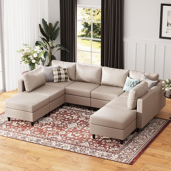 118.5" Faux Leather Modular Sectional Sofa, Modern Large 8 Seater U Shaped Couch with Storage Seat with Reversible Chaise Deep Seat for Living Room DIY Combination - Whitesand