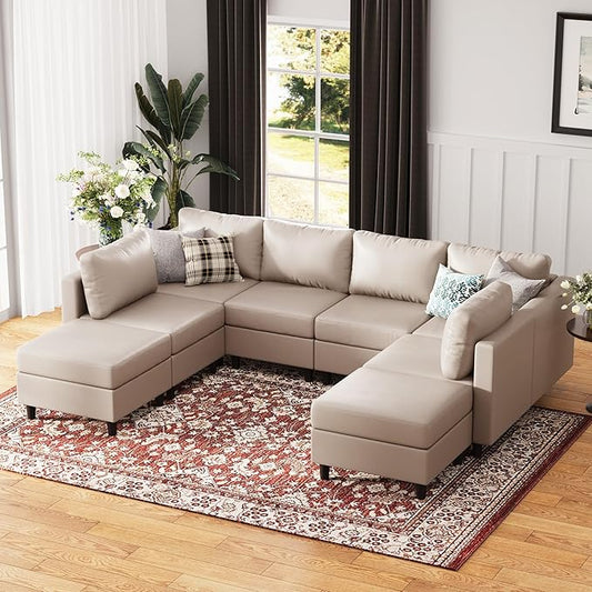 118.5" Faux Leather Modular Sectional Sofa, Modern Large 8 Seater U Shaped Couch with Storage Seat with Reversible Chaise Deep Seat for Living Room DIY Combination - Whitesand