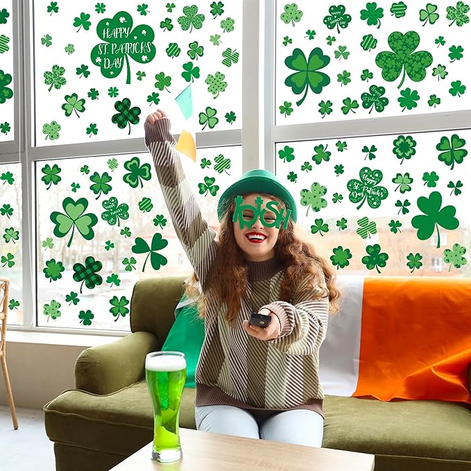 9 Sheets St Patricks Day Window Clings, 115 PCS St Patrick's Day Shamrock Window Stickers for St Patricks Day Decorations, Green Static Spring Window Clings for Glass Windows St Patricks Day Decor