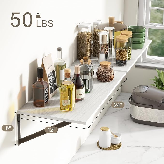 Deep Floating Shelves, 12 Inch Deep Floating Shelves for Wall, 24"W x 12"D Wall Shelves for Books, Rustic White Wooden Shelves, Large Wide Display Shelf for Bathroom, Living Room, Bedroom, Set of 2