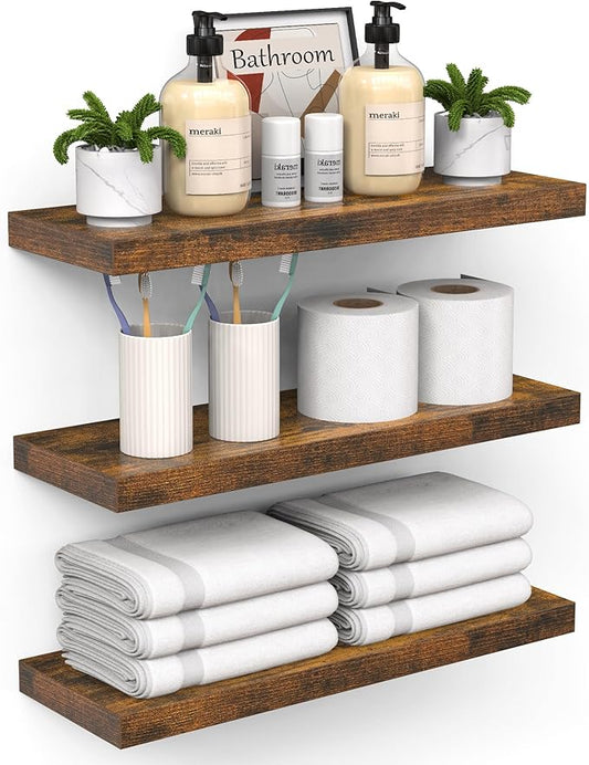 BAYKA Bathroom Floating Shelves for Wall – Bathroom Shelf Over Toilet Farmhouse Rustic Wood for Bedroom, Kitchen, or Living Room Decor – Rustic Brown, Set of 3, Sturdy Storage with 22lb Capacity