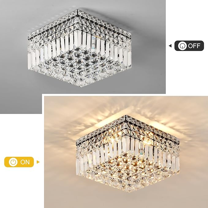 4-Light Black Crystal Chandeliers Flush Mount Chandelier Light Fixture with K9 Crystals Modern Ceiling Lights Elegant Square Lamp for Bedroom,Hallway,Bar,Living Room,Dining Room,H5.9 xW13.7