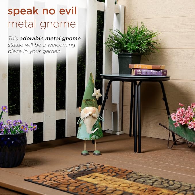 Alpine Corporation - 18" Tall Outdoor Garden Gnome Yard Decoration - Metal Statue with Speak No Evil Expression - Durable, Weatherproof Lawn Sculpture for Patio, Deck, Yard