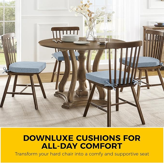 downluxe Indoor Chair Cushions for Dining Chairs, Soft and Comfortable Textured Foam Kitchen Chair Pads with Ties and Non-Slip Backing, 16" x 16" x 2", Light Blue, 4 Pack