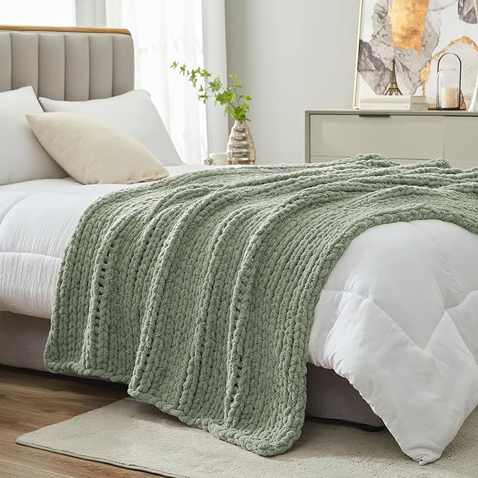 Amélie Home Chunky Knit Throw Blanket for Couch, Soft Chenille Crochet Blanket for Sofa, 50"x60", Sage Green