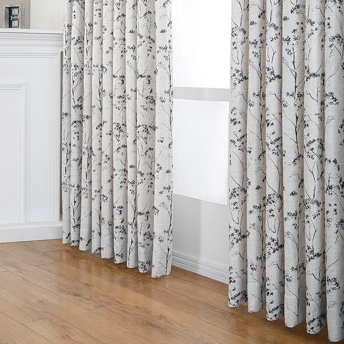Pinch Pleated Floral Linen Curtains 2 Panels Elegant Light Filtering Privacy Drape,84 Inch Wide by 90 Inch Long Curtains Suitable for Living Rooms and Bedrooms