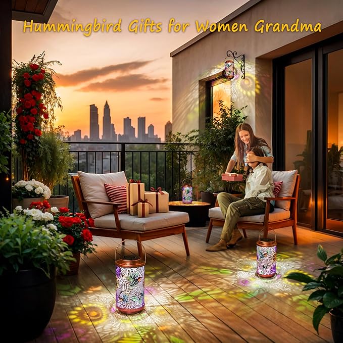2Pack Solar Lanterns Outdoor Waterproof Hummingbird Colorful Garden Gifts for Mom, Multicolor Solar Lights Lantern for Backyard Garden, Pathway, Outside, Mothers' Day Gifts for Grandma Women