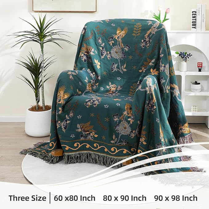 Boho 100% Organic Cotton Large Throw Blanket 50" x 60" - All Season Rustic Ultra Soft Breathable Floral Bird Blanket for Bed Sofa Couch Chair Bedspread Quilt Gift-Teal,Beige