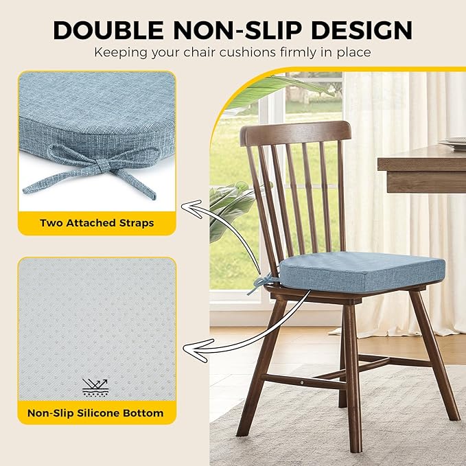 downluxe Indoor Chair Cushions for Dining Chairs, Soft and Comfortable Textured Foam Kitchen Chair Pads with Ties and Non-Slip Backing, 16" x 16" x 2", Light Blue, 2 Pack