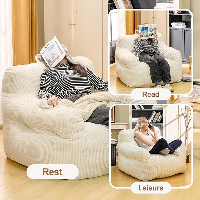 Bean Bag Chair for Adults - Faux Fur, Fluffy and Comfy with Filler, Big Sofa for Reading, Gaming (Beige, Oversize)