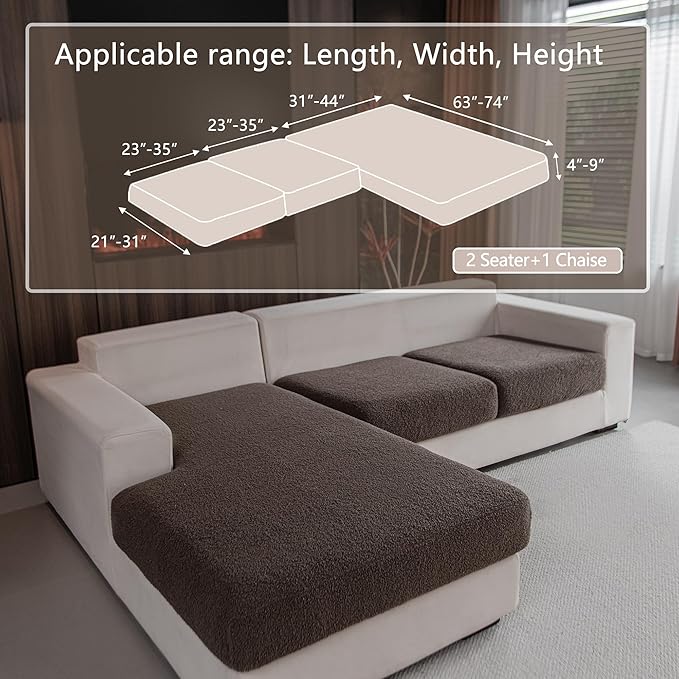 Couch Cushion Covers for Sectional Sofa, Stretch Soft Sofa Slipcovers Washable Wear-Resistant Universal Furniture Protector for Living Room(2 Seaters Covers+1 Chaise Cover, Brown)