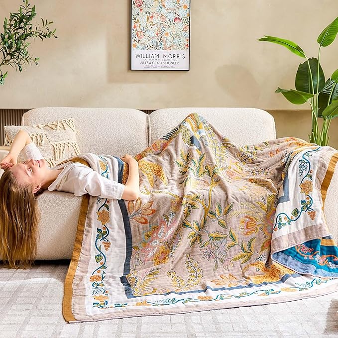 Boho Blanket, 100% Cotton Farmhouse Decorative Throw Blanket, 90"x98" Reversible Bohemian Throw Blanket, Brown All Season Muslin Breathable Woven Blankets Quilt