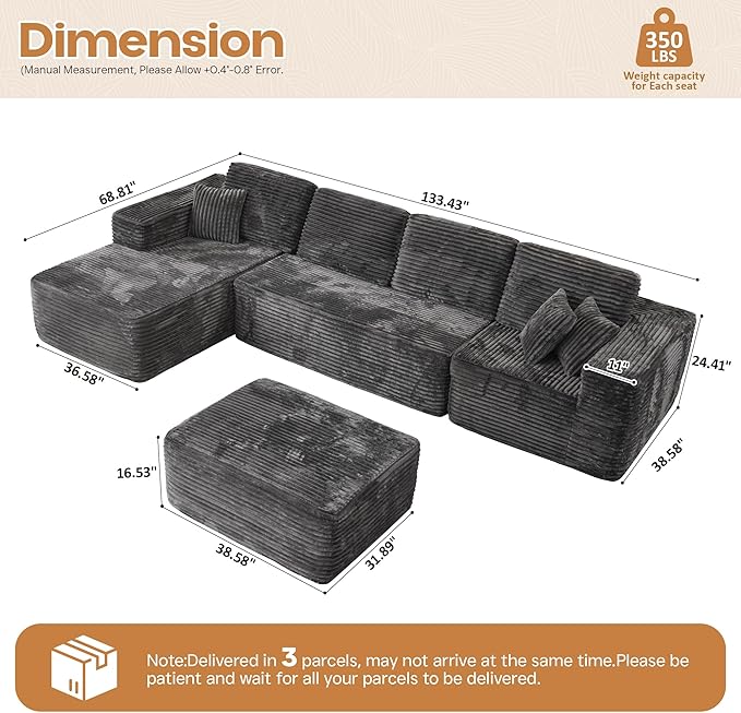 Cloud Sectional Couches for Living Room,U Shaped Modular Sofas No Assembly,133x68 Inches Plush Corduroy Oversized Floor Couch Set with Deep Seat Chaise,Grey