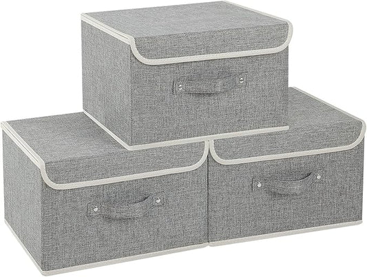 Fabric Storage Bins Cube Organizers with Flip-Top Lid and Handles,Storage Boxes for Organizing Home,Office,and Closet,Grey,3 Pack 13 X 9.1 X 7.9 in