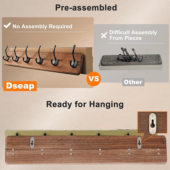Dseap Wall Mounted Coat Rack: 38-1/4" Long, Patented, Heavy-Duty, 10-Double-Hooks Wooden Hanger Rail for Winter Coats, Hat, Jacket, Clothing - Natural & Black