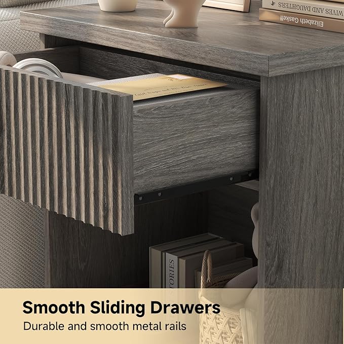 Fluted Nightstand Set of 2, 22.8" Wide Nightstands with Drawer Storage Large Wood BedsideTable Night Stands for Bedroom, Grey Oak