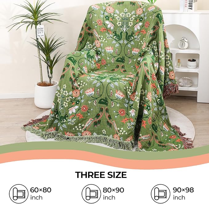 Boho Throw Blanket for Bed, 100% Cotton Ultra Soft Rustic Quilt King Blanket Florals and Animals Printed Farmhouse Decor Large Bed Blankets,90"×98" All Season Rustic Throw for Sofa Couch Chair