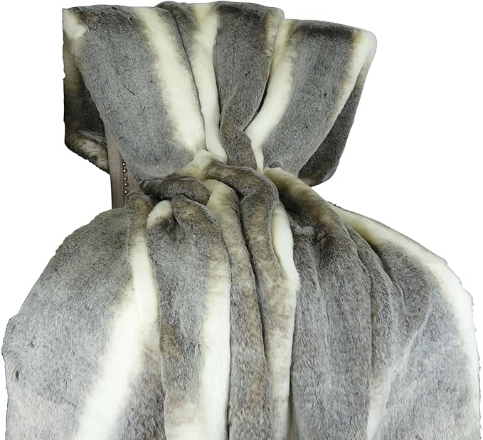 Tissavel Chinchilla Faux Fur Throw Blanket & Bedspread - Chinchilla Faux Fur - Gray Ivory Chinchilla Fur Throw - Luxury Soft Fur, Made in USA, 16444